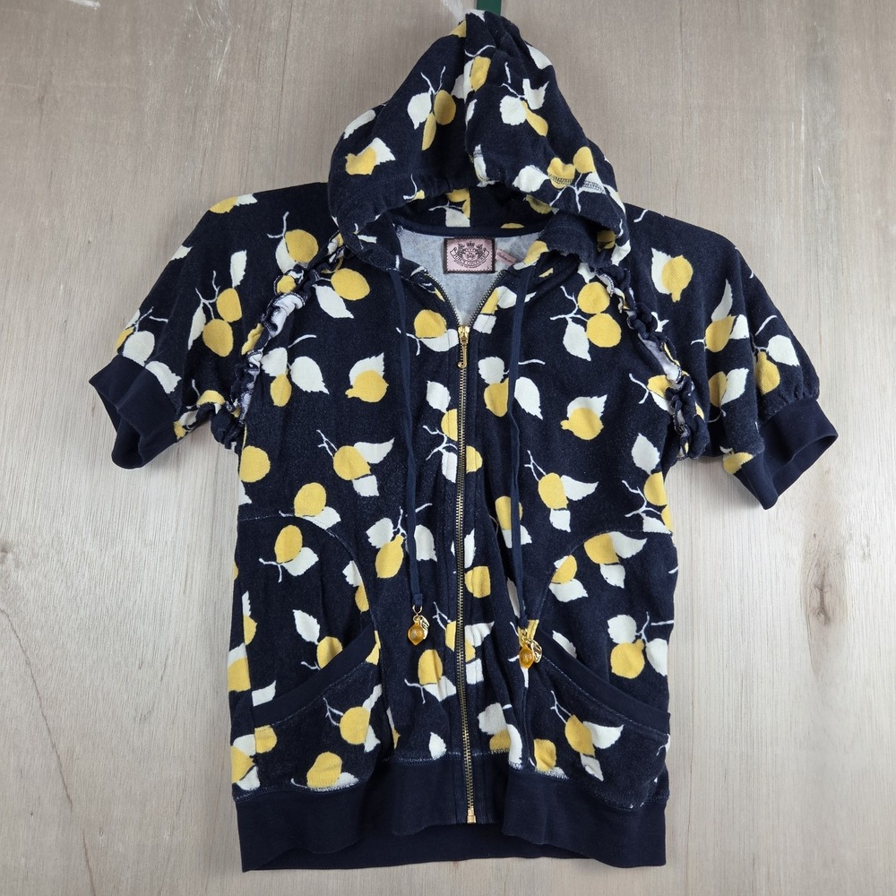 JUICY COUTURE Hoodie S/S Jacket Zip Terry Lemons Yellow/Blue Top Women's L RARE